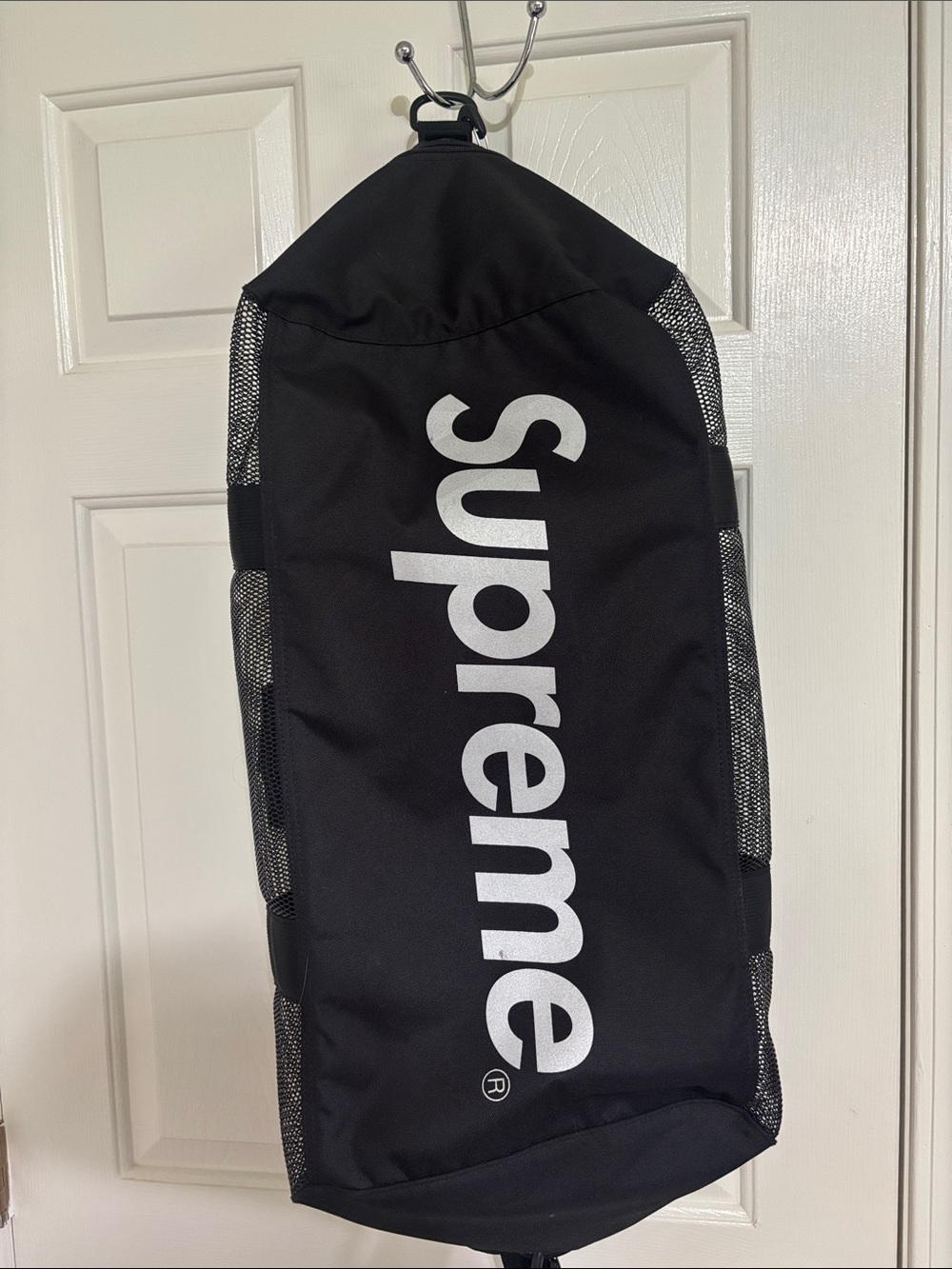 Supreme Black Duffel with White Vertical Logo